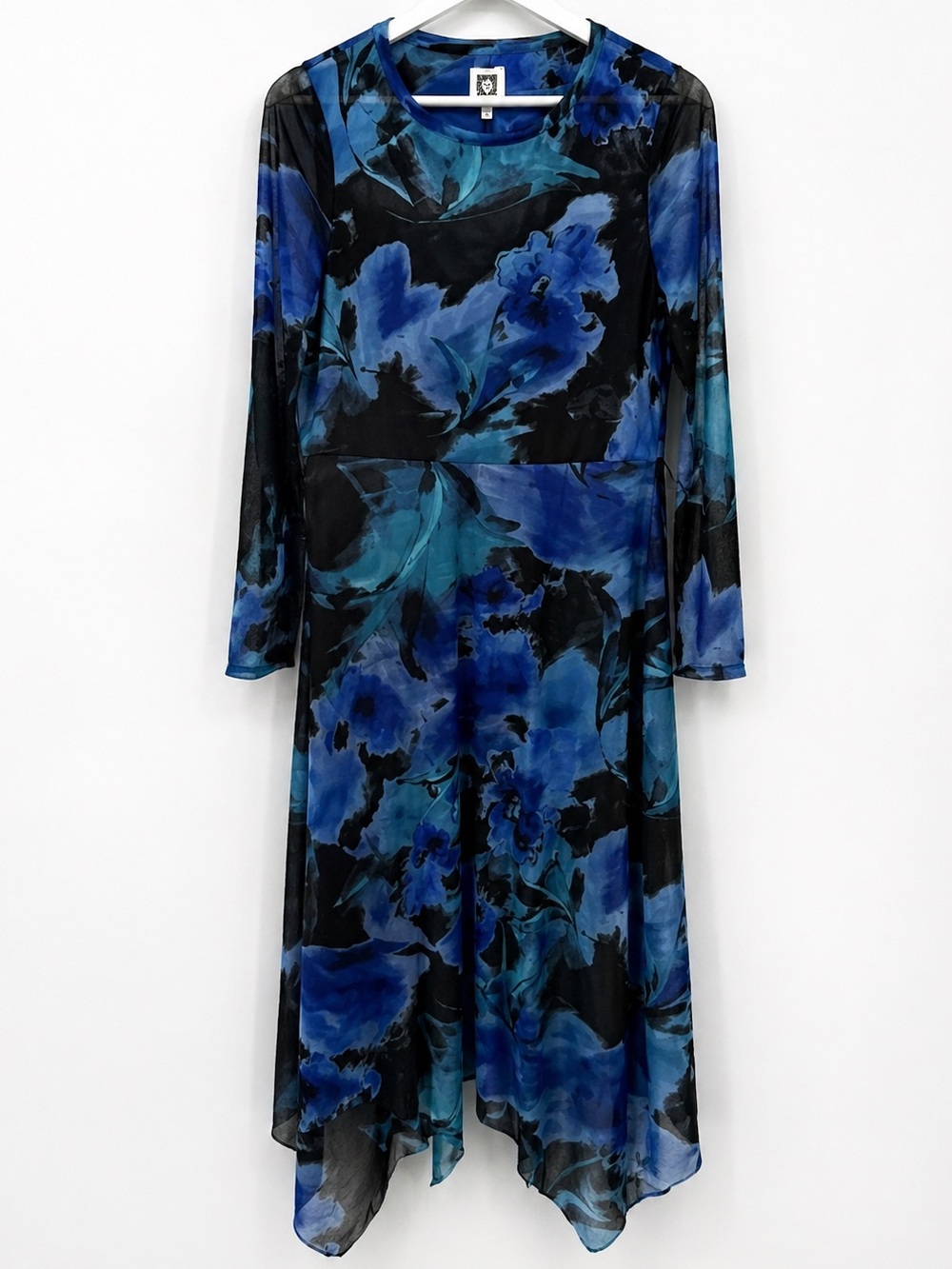 Anne Klein Black & Blue Floral Mesh Long Sleeve Dress Size Petite Large